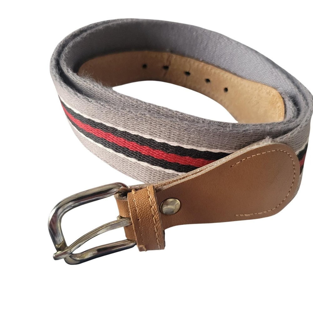 Mens Striped Web Belt Genuine Leather Tan Buckle Casual Size 30